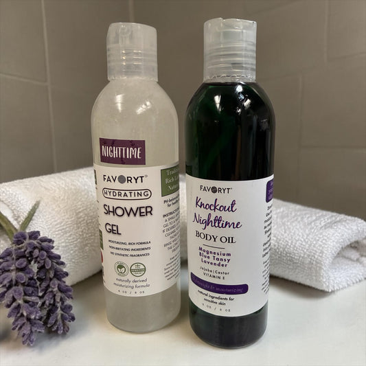 Knockout Nighttime Body Oil + Shower Gel Duo – Calming Lavender & Blue Tansy with Magnesium | Sensitive-Skin Safe Hydrating